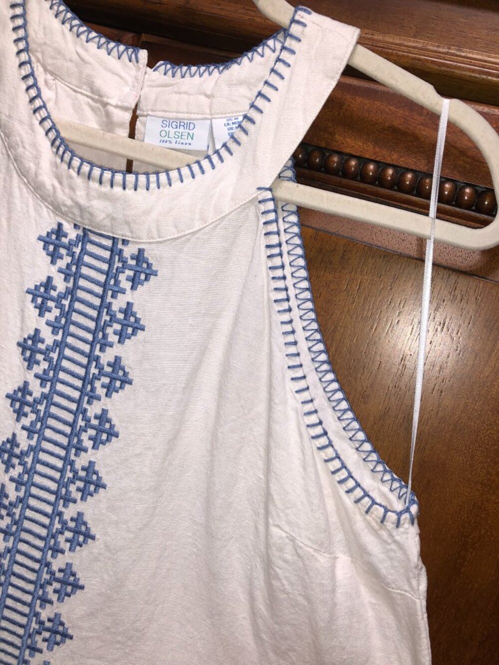 Sigrid Olsen 100% Linen White Blue Embroidered Halter Shift Dress Medium - Picture 5 of 7
